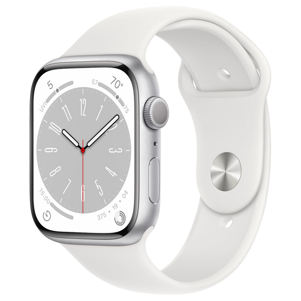 Apple-Watch-Series-8-45mm-Zilver-Aluminium-Wit-Sportband